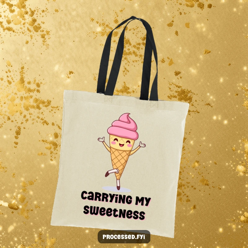 Funny tote bag with a cheerful anthropomorphic ice cream cone doing a pirouette. Perfect for shopping and everyday use.