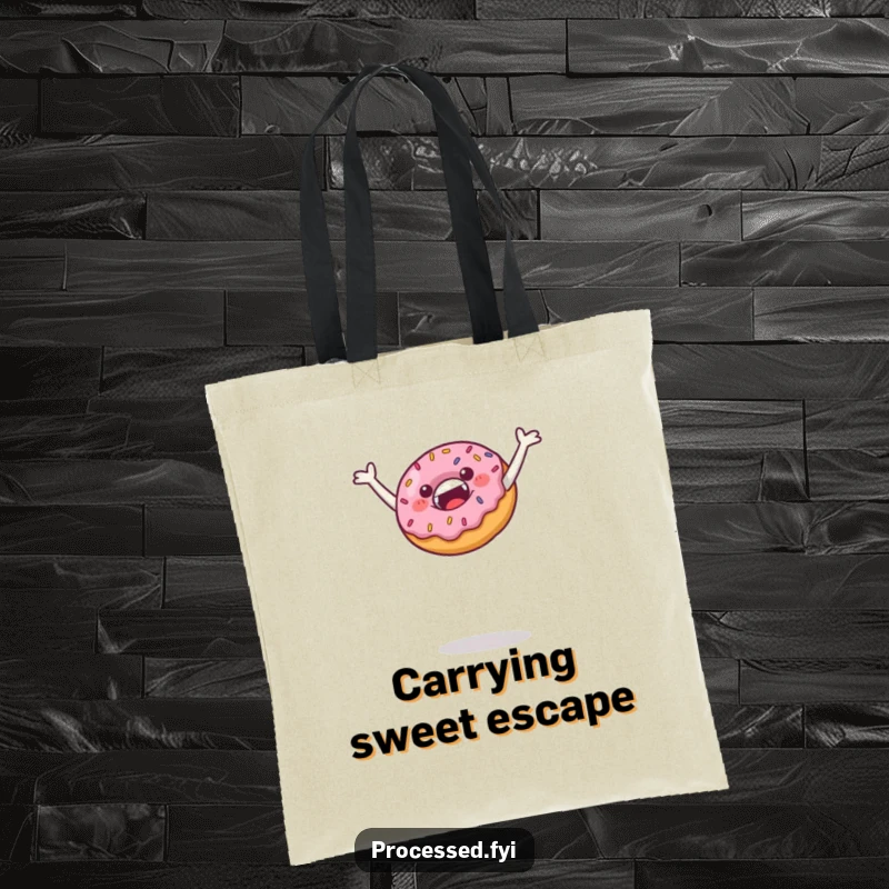 Funny tote bag showcasing a jubilant donut with sprinkles leaping high, perfect for carrying essentials and spreading sweet cheer.