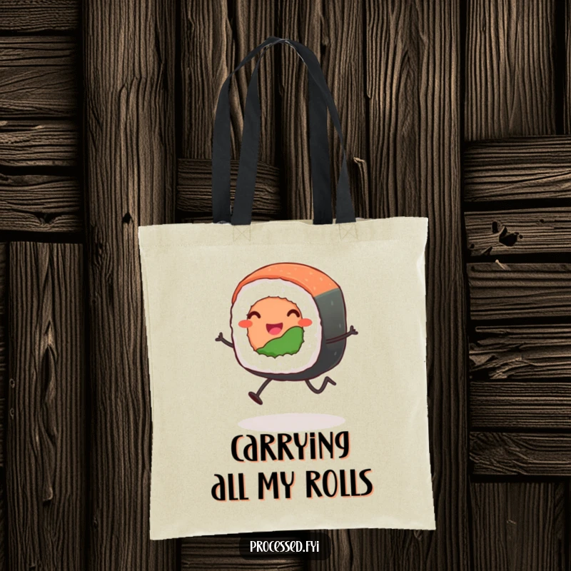 Funny leaping sushi roll tote bag showing a smiling, anthropomorphic sushi roll with stick legs on an exciting adventure, perfect for market trips.