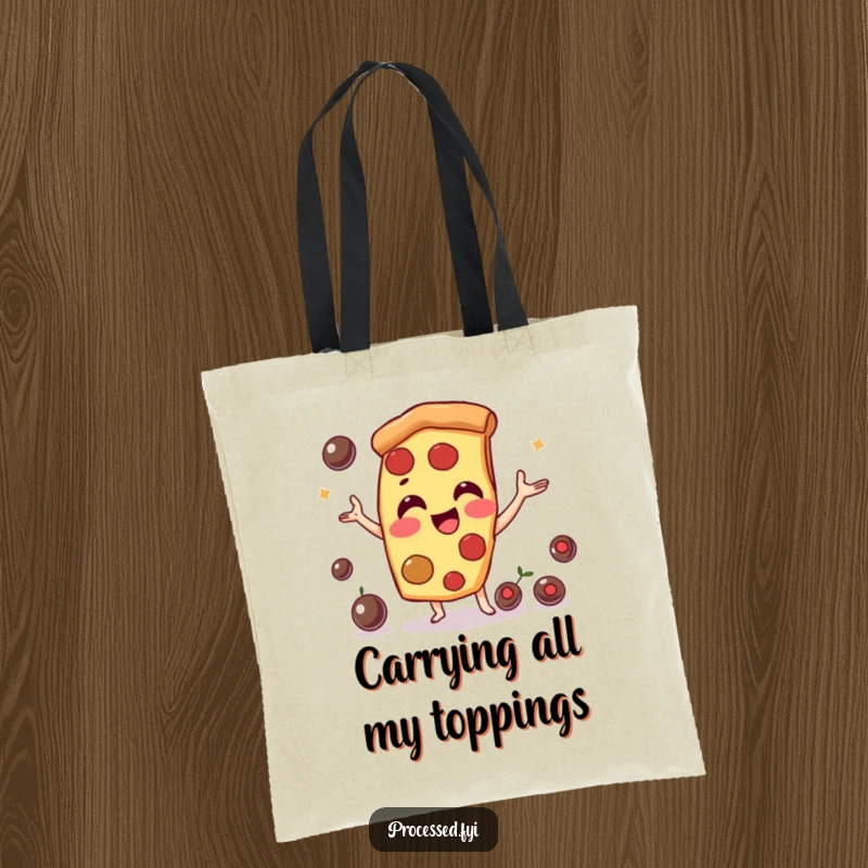 Funny pizza slice character, juggling olives with a cheerful smile. A stylish and humorous tote for everyday use.