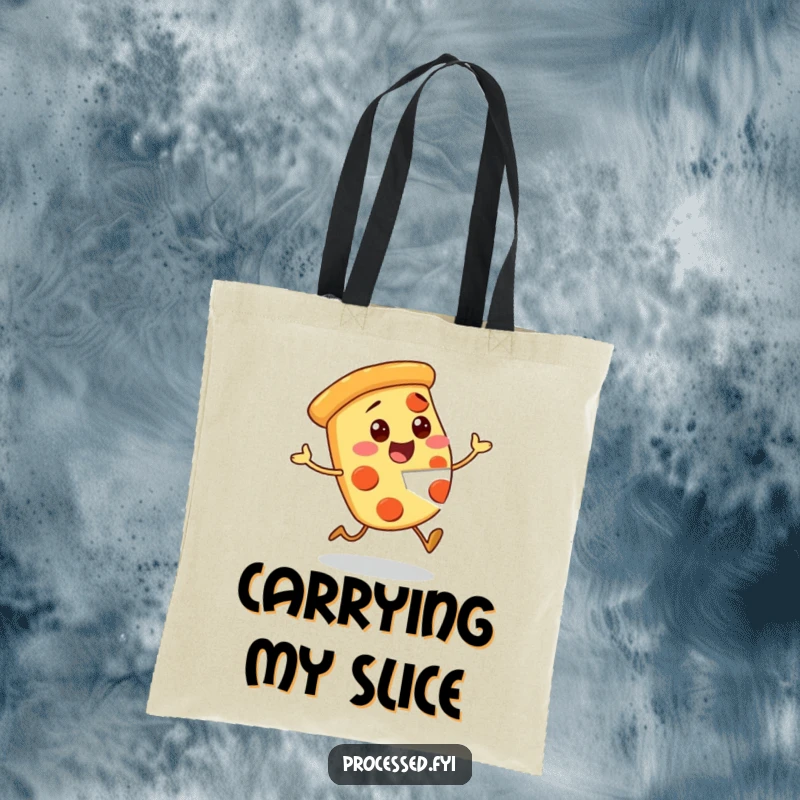 Funny Pizza Tote Bag showcasing an excited character with a missing piece, perfect for carrying items with a humorous pizza theme.