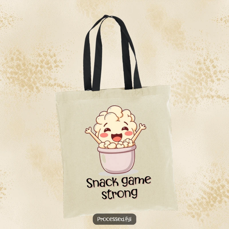 Funny popcorn character, happily popping from a small pot, ready to carry your items in style. A practical and amusing tote.