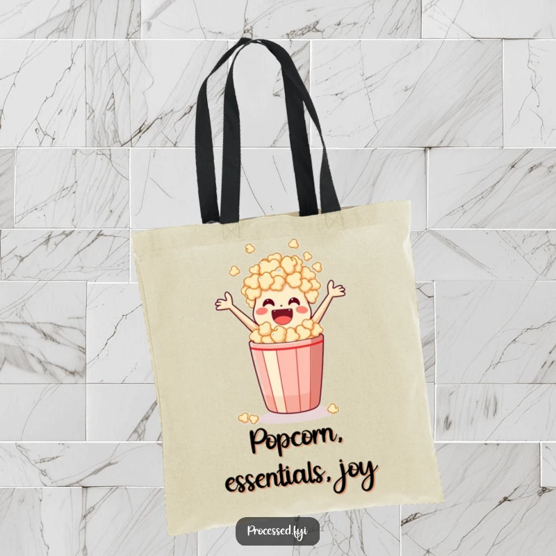 Funny Tote Bag featuring a jubilant popcorn bag leaping from its container, a stylish and humorous accessory for snack lovers.