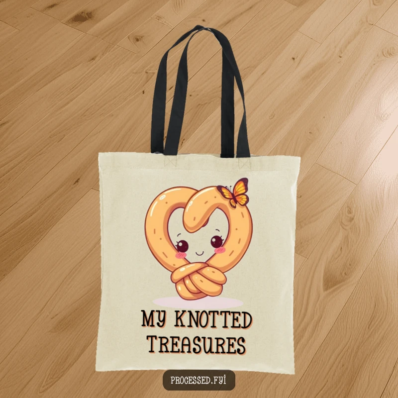 Funny tote bag with a curious pretzel and a happy knot, looking at a tiny butterfly, great for carrying daily necessities with whimsy.