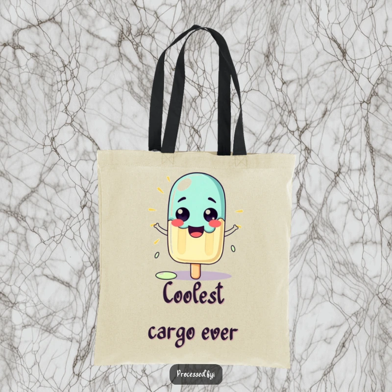 Funny tote bag featuring a proud cartoon popsicle character melting slightly in the sun, durable and fun.