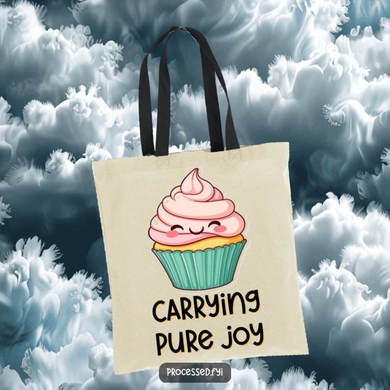 Funny tote bag showing a smiling cupcake with frosting swirls hopping, perfect for carrying essentials and spreading cheer.