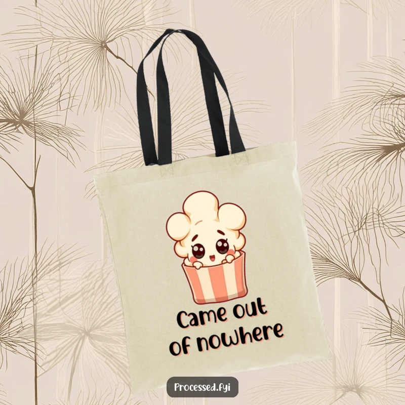 Funny popcorn kernel character popping out of a bag with wide surprised eyes, a sturdy and funny tote for everyday use.