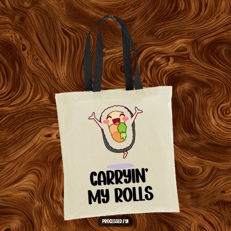 Funny tote bag with a delighted sushi roll character doing cartwheels, a humorous and functional accessory for daily use.