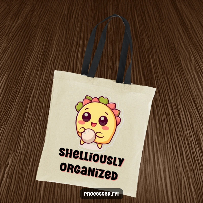 Funny tote bag featuring a cheerful taco character with wide eyes, bouncing a small ball, a humorous and functional accessory.
