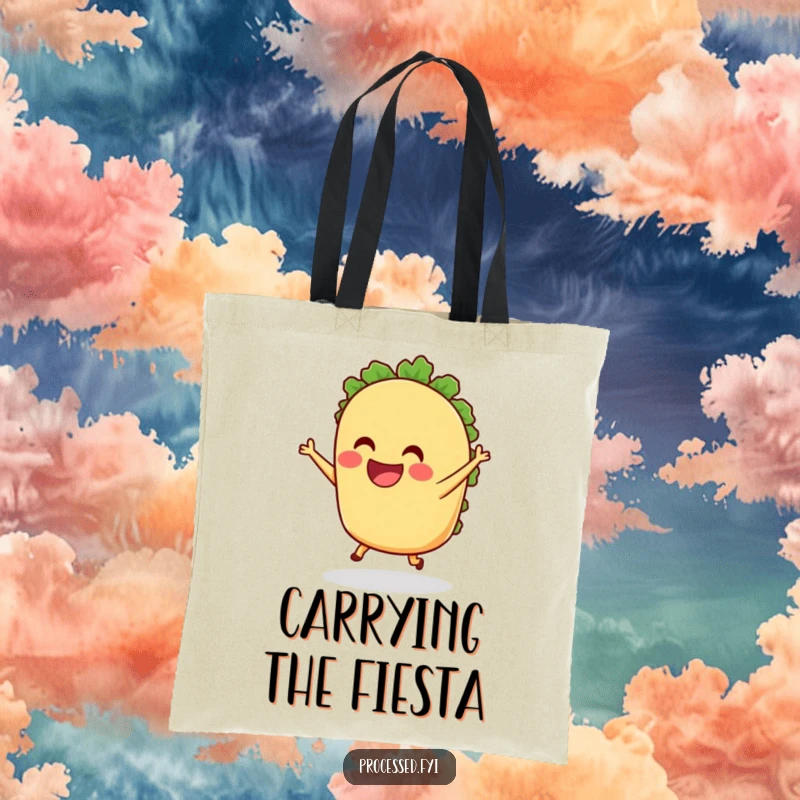 Funny anthropomorphic Taco Tote Bag grinning and dancing with tiny legs, a stylish and humorous accessory for carrying daily items with a festive flair.
