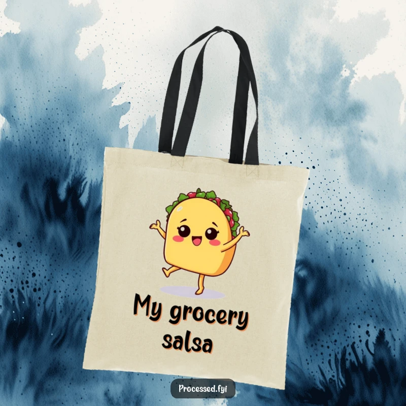 Funny tote bag showcasing a sassy taco with legs salsa dancing, ideal for carrying groceries or party supplies.