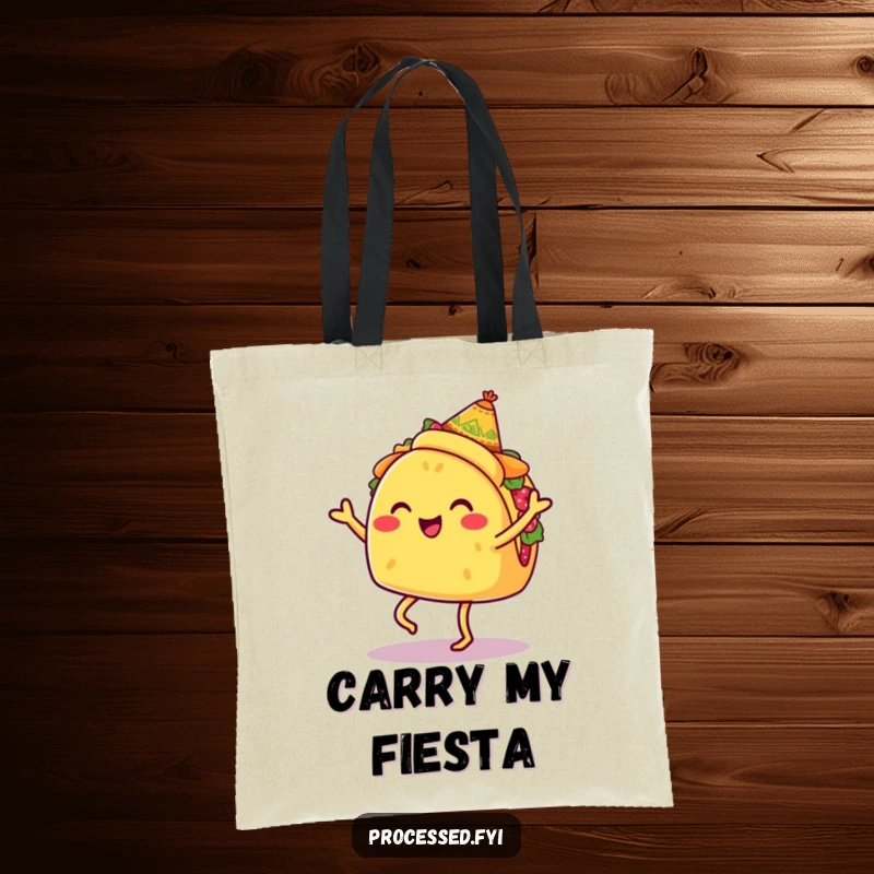Funny tote bag with a smiling taco wearing a tiny sombrero, doing a jig, perfect for carrying groceries and everyday items