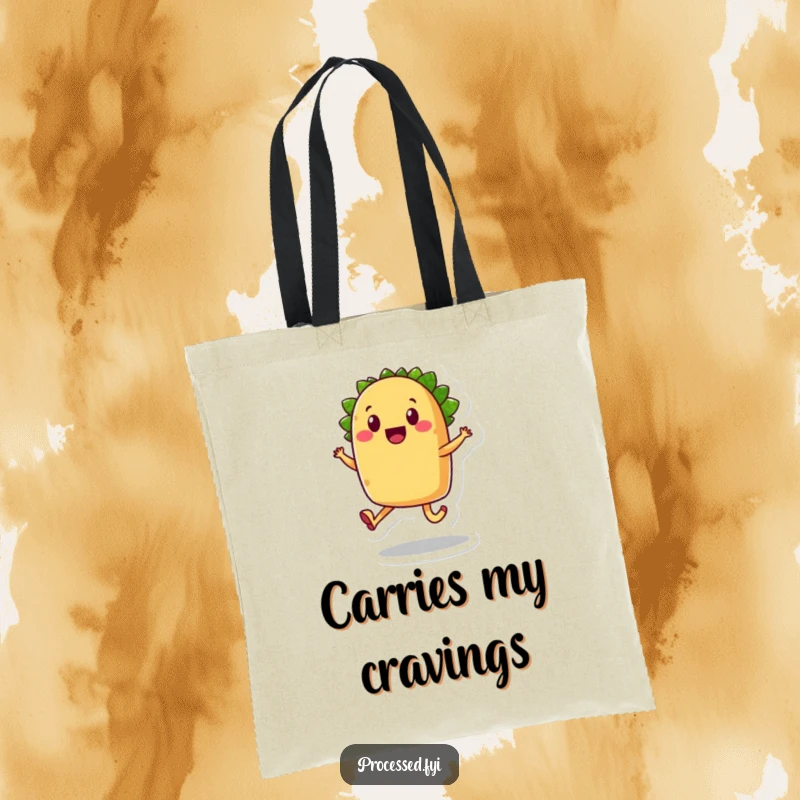 Funny taco tote bag, a smiling anthropomorphic food character with legs, joyfully skipping.
