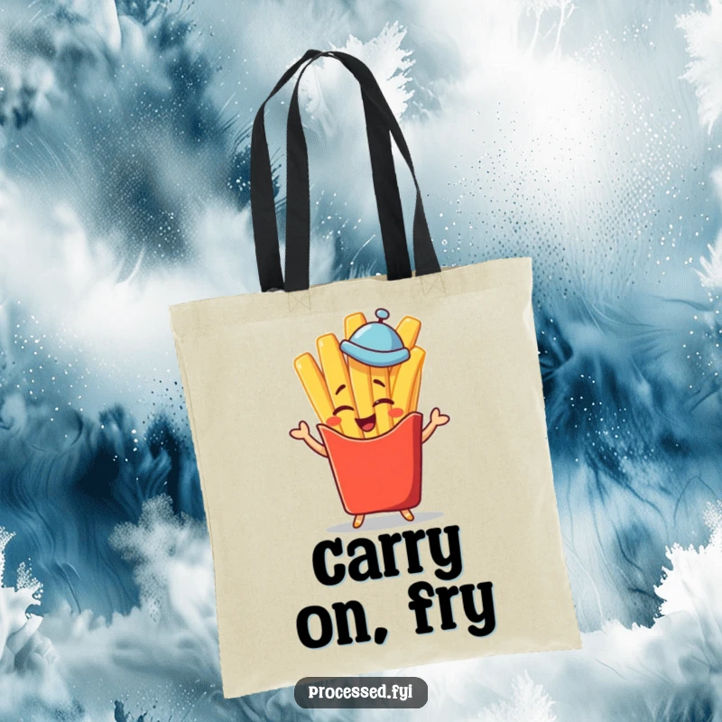 Funny winking french fry character in a tiny hat giving a jaunty salute, a practical and funny tote for shopping.