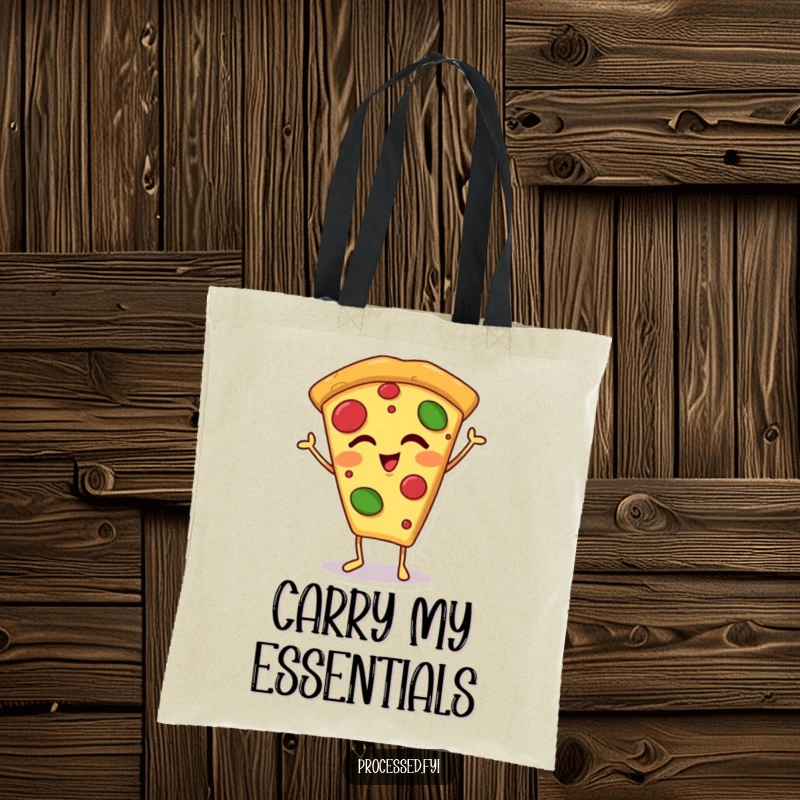 Funny winking pizza slice tote bag with a happy, anthropomorphic pizza slice on tiny feet, ready to carry your items with a playful, cartoon wink.