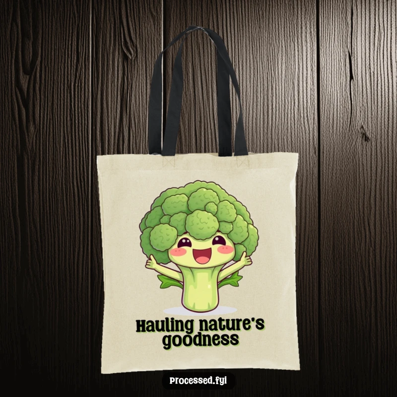 Funny broccoli tote bag featuring a happy floret waving its leaves, ideal for carrying items with a cheerful vibe.