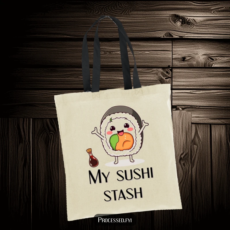 Funny tote bag with a cheerful sushi roll waving happily, a tiny soy sauce bottle nearby, practical and cute accessory